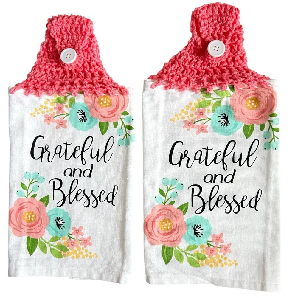 Hand Crafted Floral Hanging Kitchen Hand Towels Colorful Grateful and Blessed